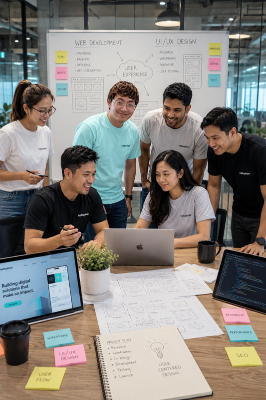 The hellopinas team reviewing product design and development work